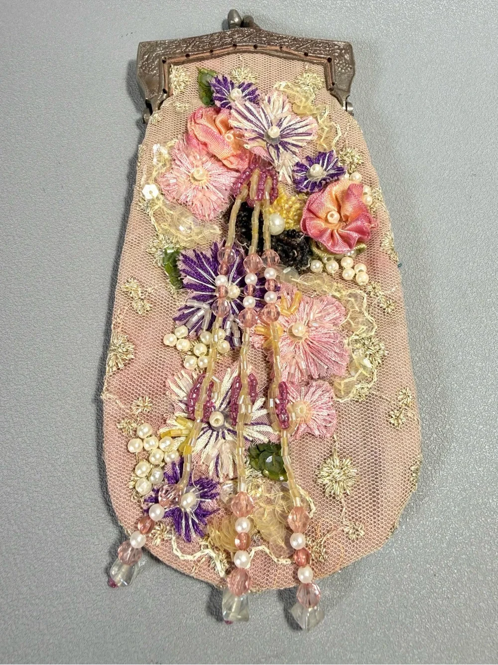 Wayne M Kleski Vintage Pink Silk & Mesh Floral Embroidered Beaded Clutch